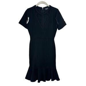 Bebe Black Short Sleeve Cut Out Stretch V Neck Ruffle Dress Size Small